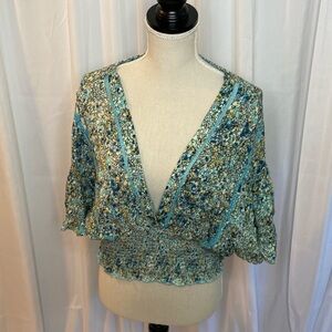 66 Angie Blue Floral Boho Cottagecore Top XL Flowy Blouse